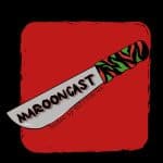 "Marooncast" written across blade of a machete, red black and green handle, red foreground and black background