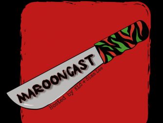 "Marooncast" written across blade of a machete, red black and green handle, red foreground and black background