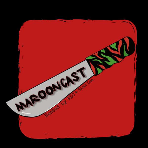 "Marooncast" written across blade of a machete, red black and green handle, red foreground and black background