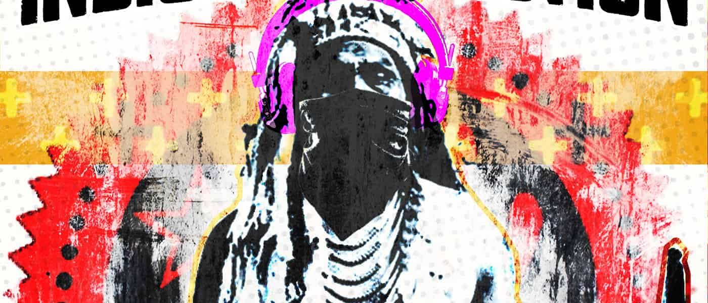 Indigenous person with a machete, text "Indigenous Action | An Autonomous Anti-Colonial Podcast"