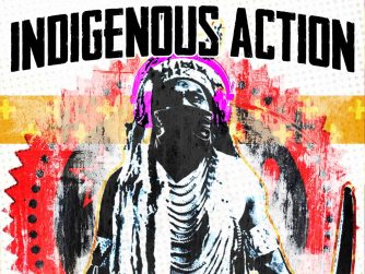 Indigenous person with a machete, text "Indigenous Action | An Autonomous Anti-Colonial Podcast"