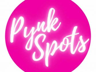 "Pynk Spots" white text on pink circle and white background