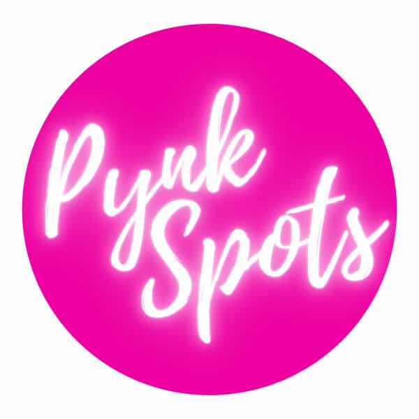 "Pynk Spots" white text on pink circle and white background