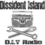 "Dissident Island D.I.Y. Radio", boom box with a crossed wrench and microphone like a skull and crossbone