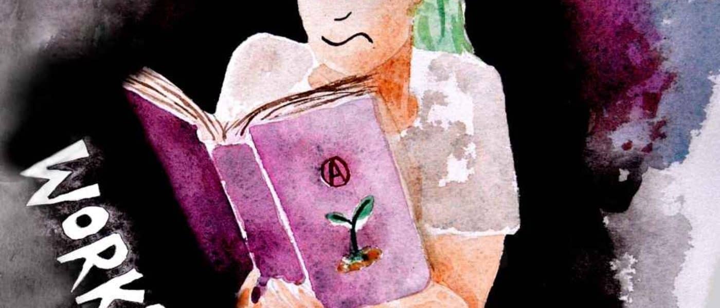 Works In Theory Podcast logo, featuring person with green hair, long on the top, struggling through a book