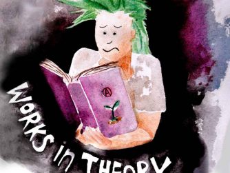 Works In Theory Podcast logo, featuring person with green hair, long on the top, struggling through a book