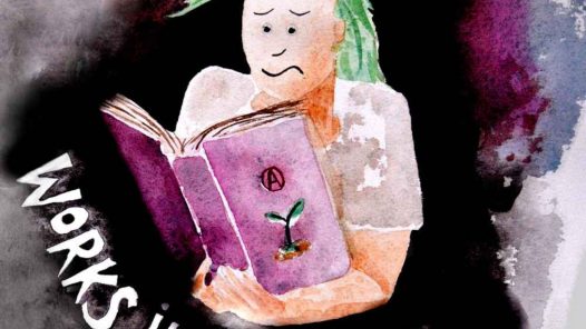 Works In Theory Podcast logo, featuring person with green hair, long on the top, struggling through a book
