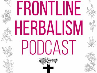 logo for "The Frontline Herbalism Podcast" featuring herbs and a black cross