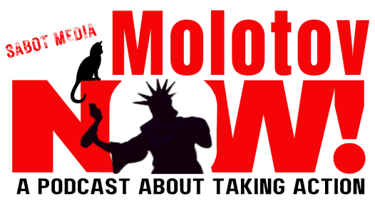 "Molotov Now!: A podcast about taking action" logo looking like the Democracy Now! logo with lady Liberty throwing a molotov, the words "Sabot Media" and a black cat